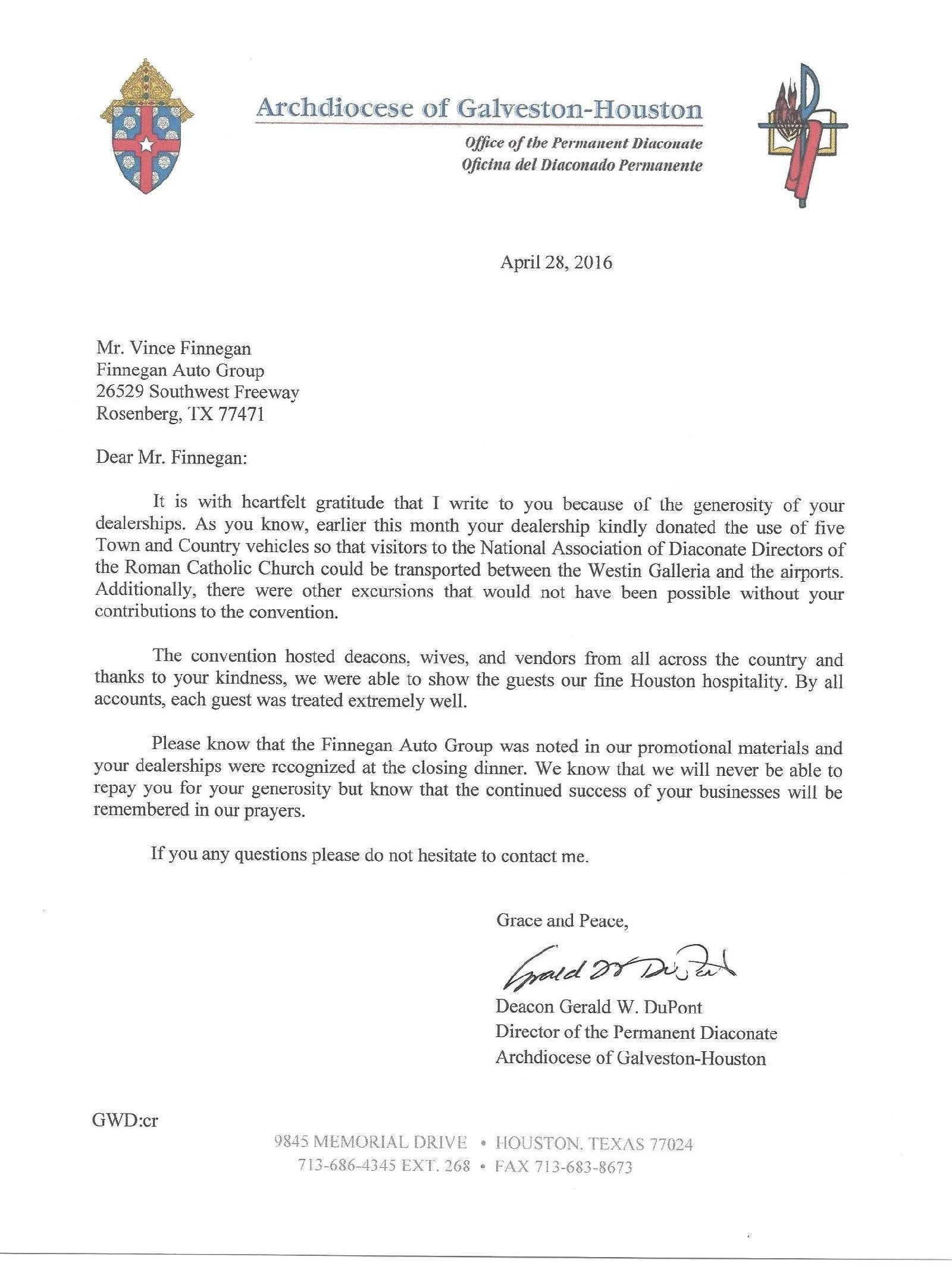 Archdiocese of Galveston Letter - Finnegan Chevrolet Buick GMC in Rosenberg TX