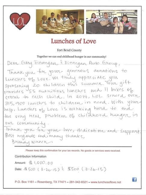Lunches of Love Letter - Finnegan Chevrolet Buick GMC in Rosenberg TX