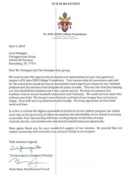 St John XXIII College Preparatory Letter - Finnegan Chevrolet Buick GMC in Rosenberg TX